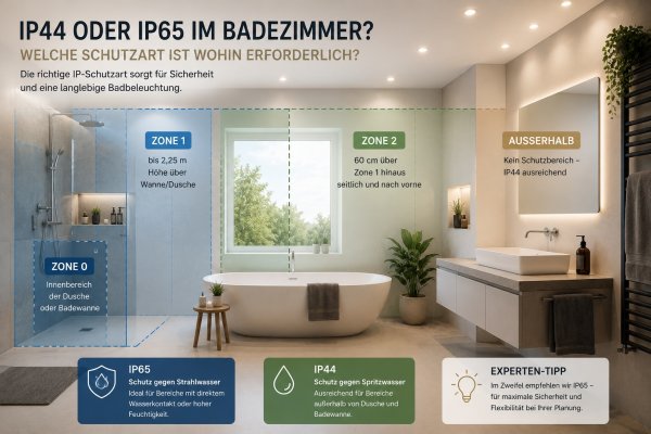 Kapitel 2: Welche IP-Schutzart benötigen Badeinbaustrahler? - IP44 oder IP65 im Badezimmer? Schutzarten einfach erklärt