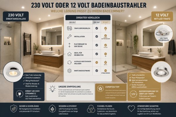 Kapitel 5: 230 Volt oder 12 Volt Badeinbaustrahler – Welche Lösung ist die richtige? - 230 Volt oder 12 Volt Badeinbaustrahler? Der große Vergleich