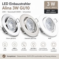 LED Einbaustrahler Alina / 3W GU10 / Neutralweiß...