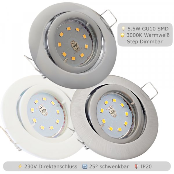 LED Einbaustrahler Lana 5,5W GU10 - Step Dimmbar | 3000K