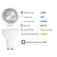 GU10 LED Strahler 3W - warmweiß 3000K, 240lm,...