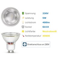 GU10 LED Strahler 5W - neutralweiß 4000K, 400lm,...